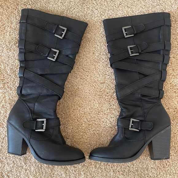 Madden Girl Strappy Knee-High Boots with Heels - Picture 1 of 4